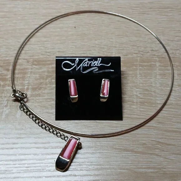 Silver Tone Pink Pendant Necklace & Stud Earrings Vintage Costume Jewelry #98 - Picture 1 of 7